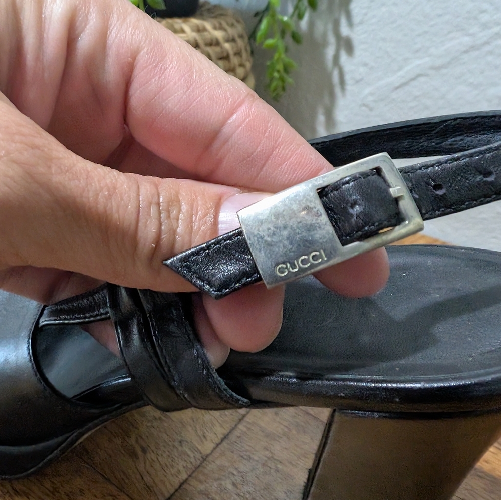 Authenticated Vintage Gucci Slingback Black Open Toe 4.5" Heels‎ Size 5.5 - Picture 2 of 9